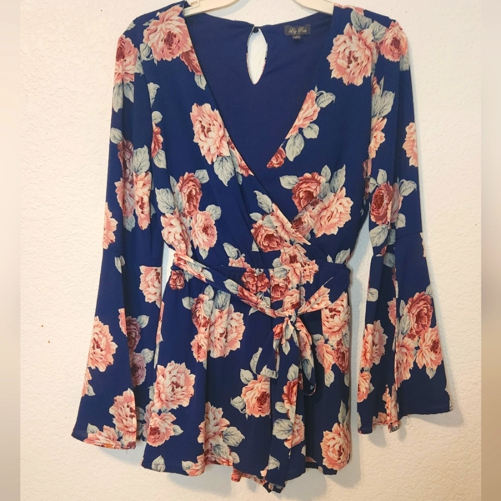 Lily Rose Lined Floral Romper, with Belt, Size XS